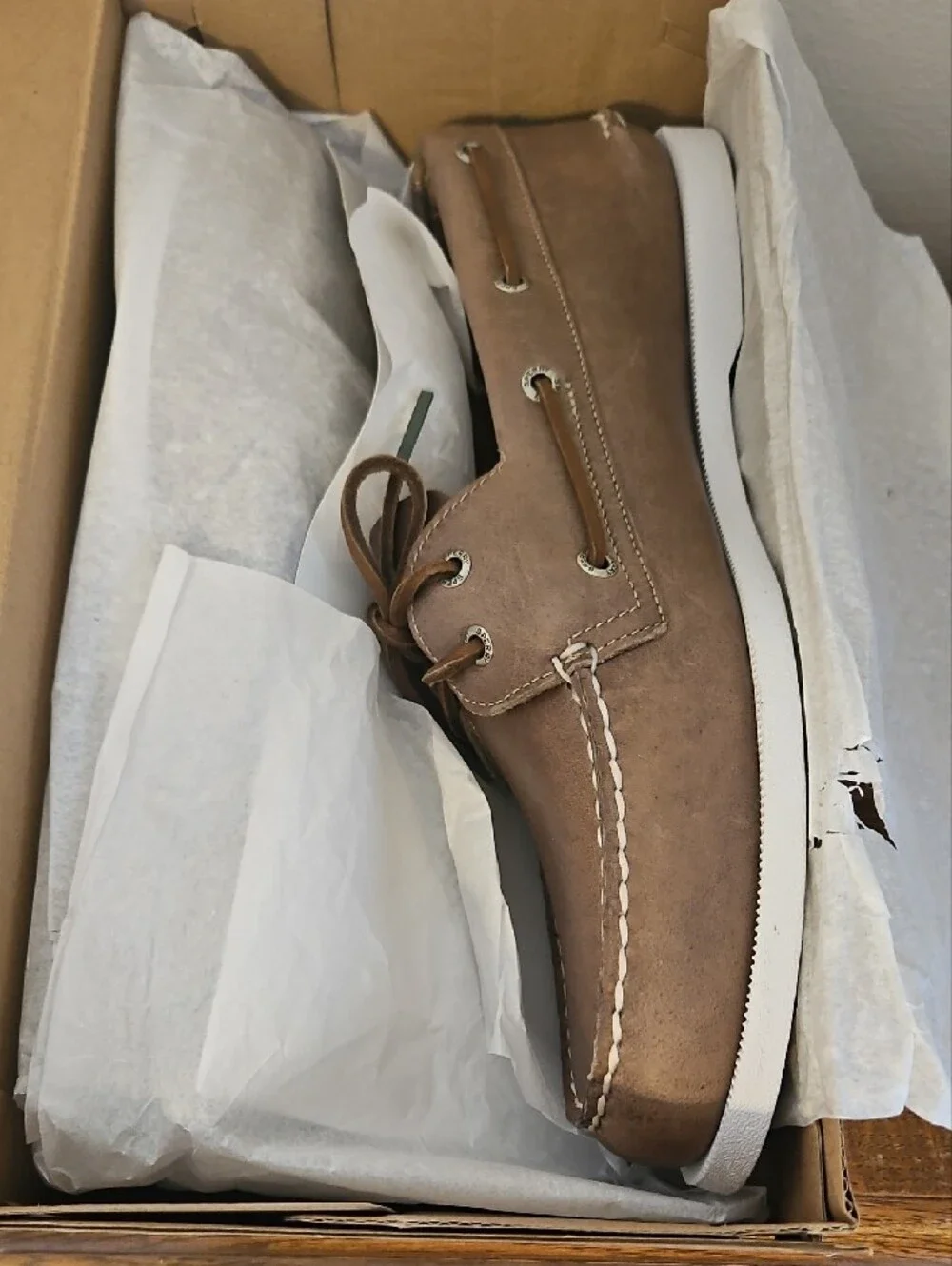 Sperry Taupe Cardboard Shoe Box with Navy Logo